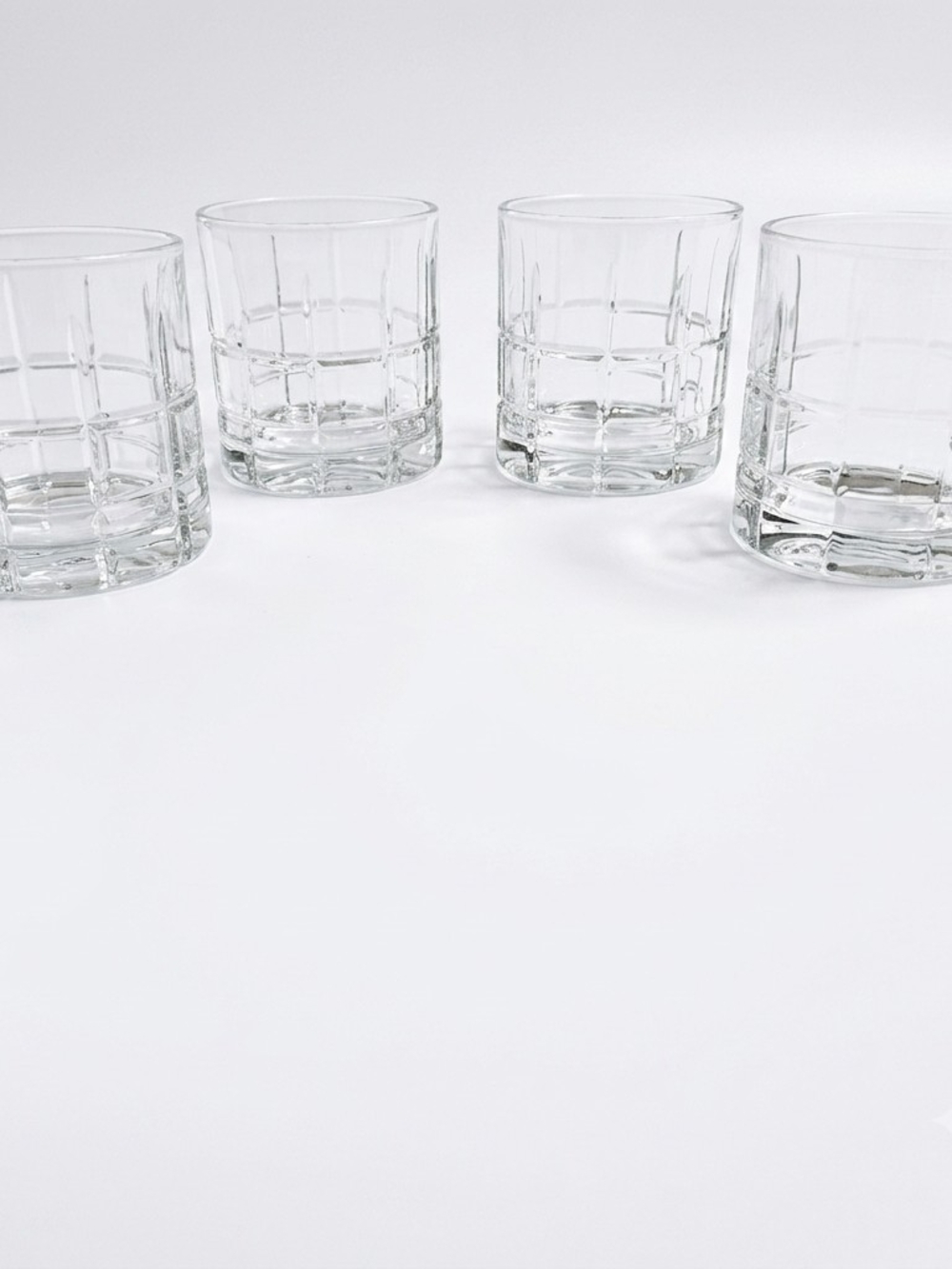 Vintage Clear Glass Grid Block Lowball Glasses Set of 4
